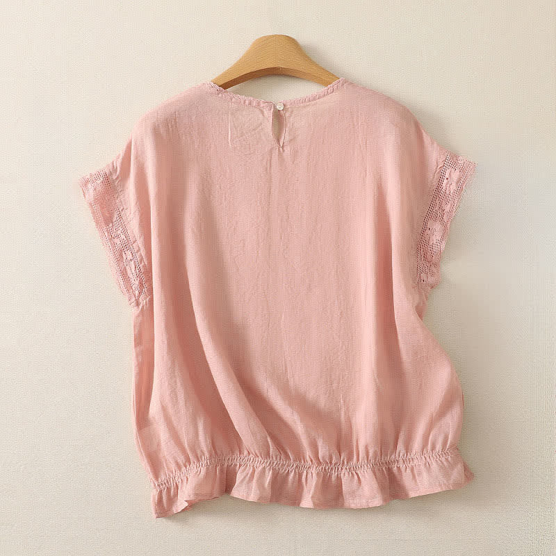 Buddha Stones Zomerse, casual, eenvoudige T-shirts met Korte mouw en trekkoord in effen ramiestof voor dames. - image 1