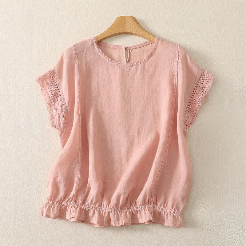 Buddha Stones Zomerse, casual, eenvoudige T-shirts met Korte mouw en trekkoord in effen ramiestof voor dames. - Lichtroze - US12, UK/AU16, EU44 (3XL) - image 0