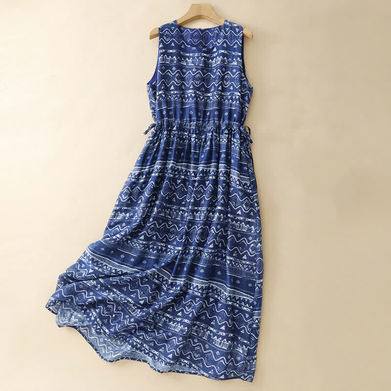 Buddha Stones Zomerse boho casual blauwe jurk met golvende geometrische vormen, Mouwloos en met zakken - Donkerblauw - US12, UK/AU16, EU44 (2XL) - image 0