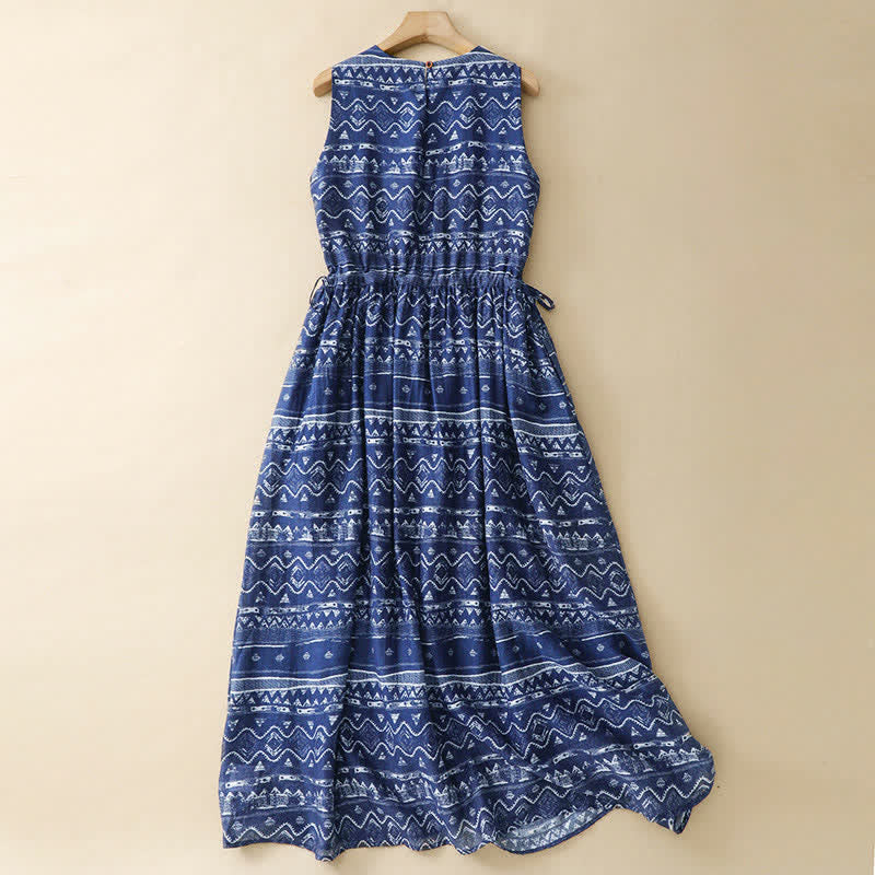Buddha Stones Zomerse boho casual blauwe jurk met golvende geometrische vormen, Mouwloos en met zakken - image 1