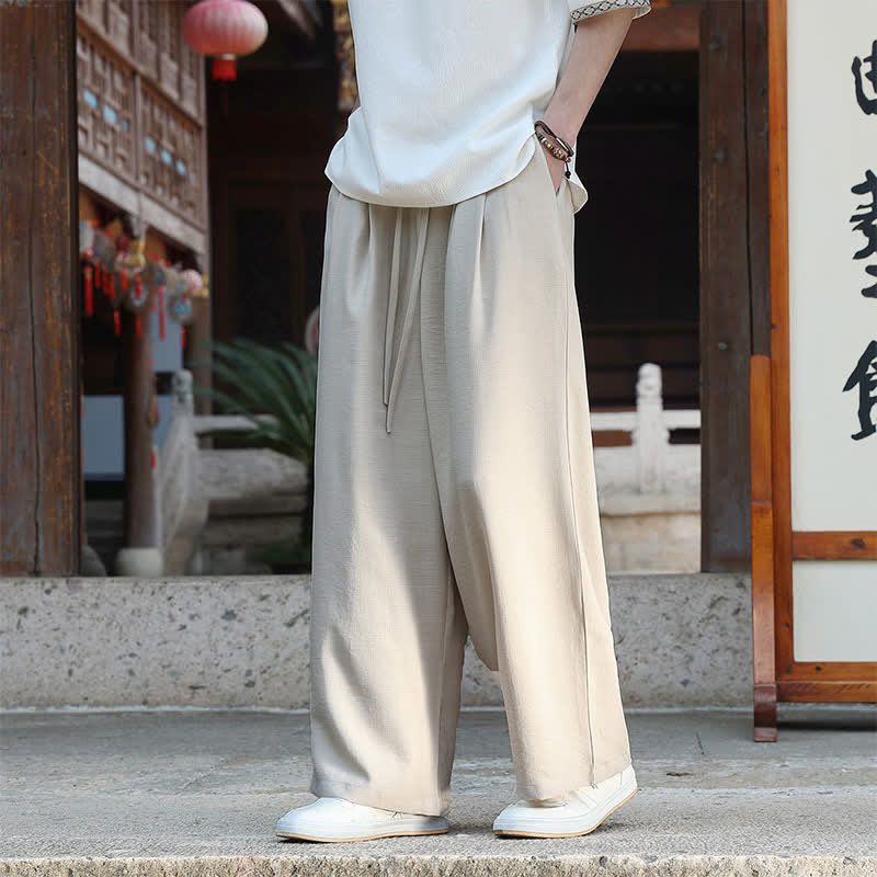 Buddha Stones Zomerse casual minimalistische broek met trekkoord en elastische Taille, effen Enkellengte broek, rechte pijpen voor heren met zak - Beige - US/UK/AU46, EU56 (5XL) - image 0
