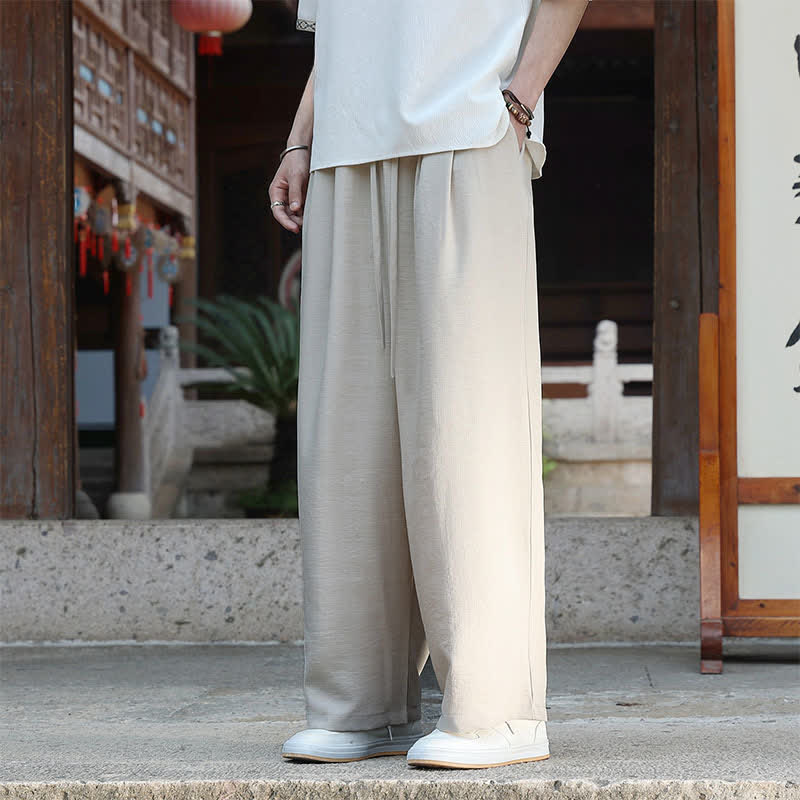 Buddha Stones Zomerse casual minimalistische broek met trekkoord en elastische Taille, effen Enkellengte broek, rechte pijpen voor heren met zak - image 1