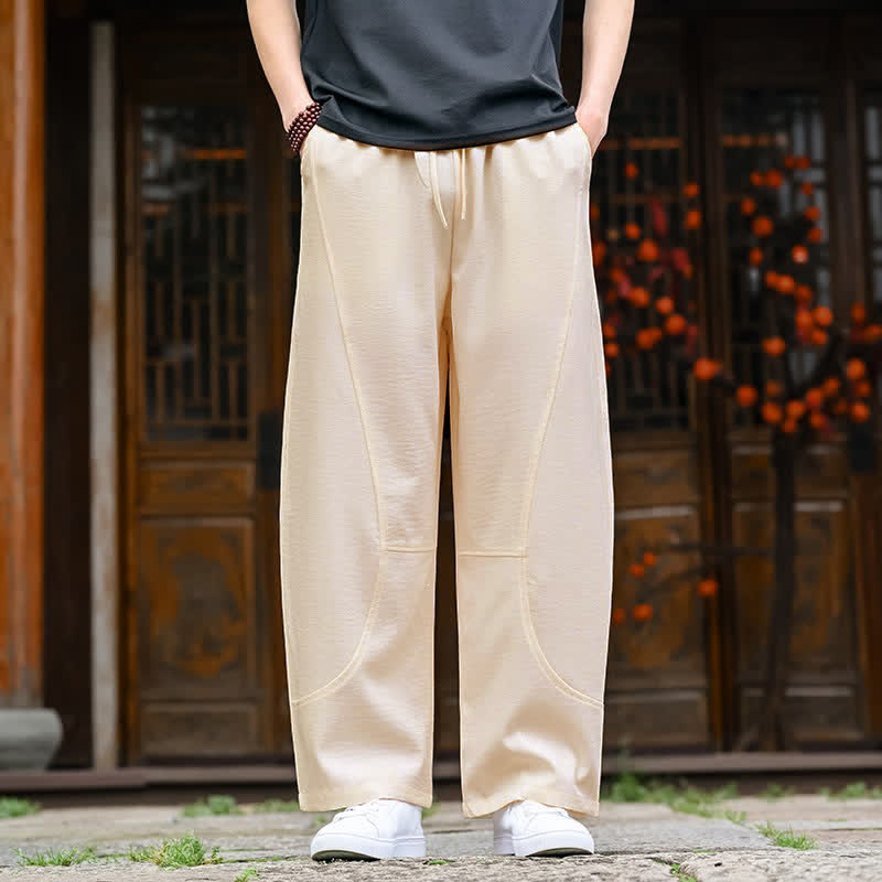 Buddha Stones Zomerse casual minimalistische broek met trekkoord, effen kleur, enkellengte , rechte pijpen, herenbroek met zak - Maïszijde - US/UK/AU46, EU56 (5XL) - image 0
