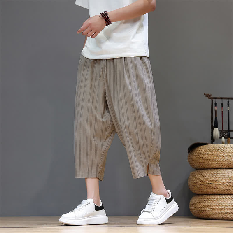 Buddha Stones Zomerse casual capri broek met trekkoord en strepen, heren harembroek met zakken - Bruinen - US/UK/AU46, EU56 (5XL) - image 0