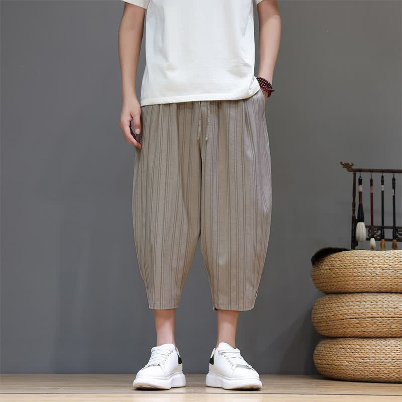 Buddha Stones Zomerse casual capri broek met trekkoord en strepen, heren harembroek met zakken - image 1