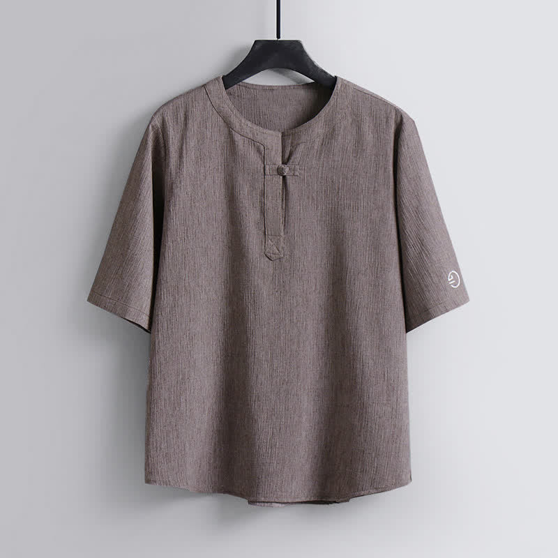 Buddha Stones Zomerse Tang-stijl casual Pankou Ronde hals Overhemden met Korte mouw - Bruinen - US/UK/AU54, EU64 (9XL) - image 0