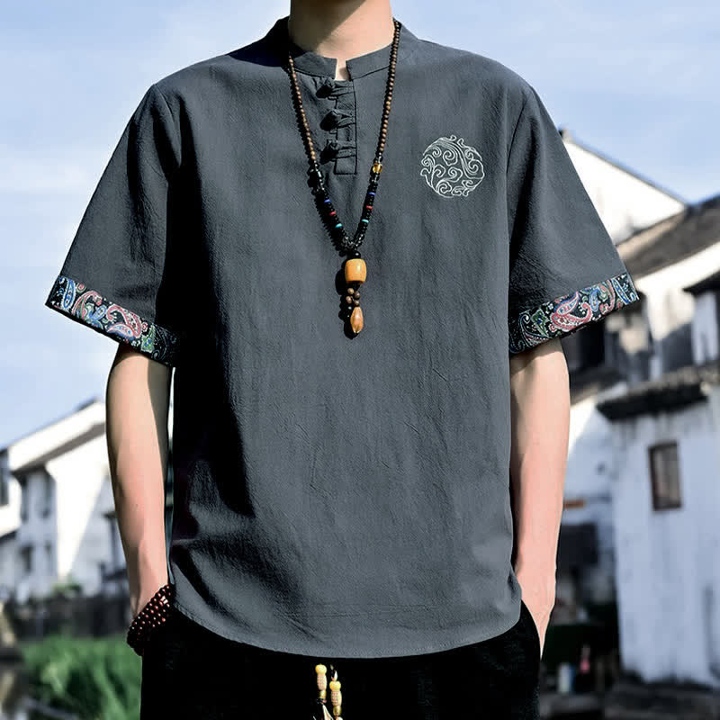 Buddha Stones Zomerse Tang-stijl casual Overhemden met kikkerknopen en borduurwerk voor heren, Korte mouw - Donkergrijs - US/UK/AU46, EU56 (5XL) - image 1