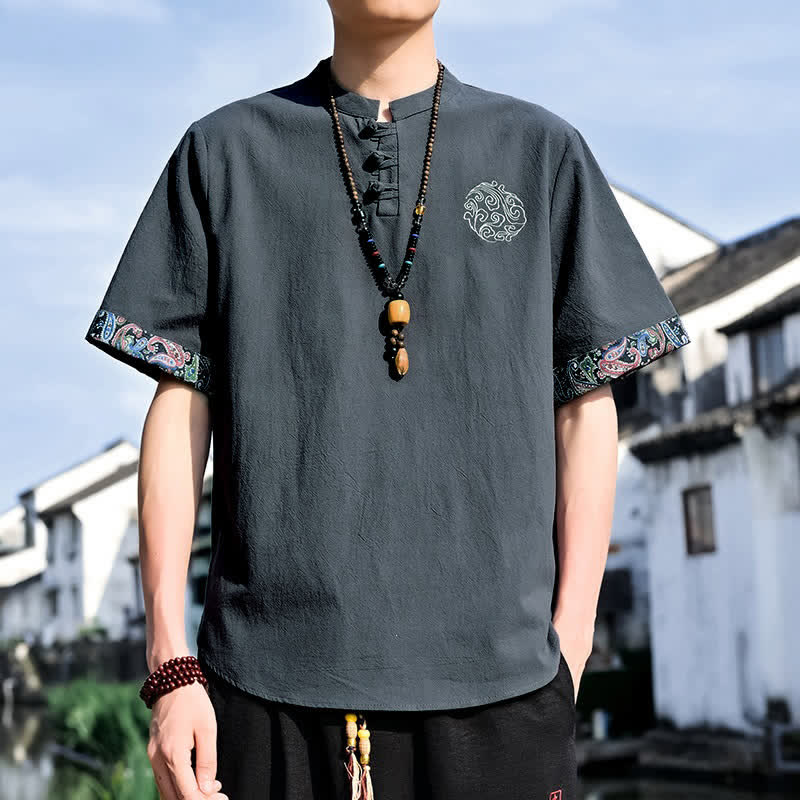Buddha Stones Zomerse Tang-stijl casual Overhemden met kikkerknopen en borduurwerk voor heren, Korte mouw - Zwart - US/UK/AU46, EU56 (5XL) - image 0