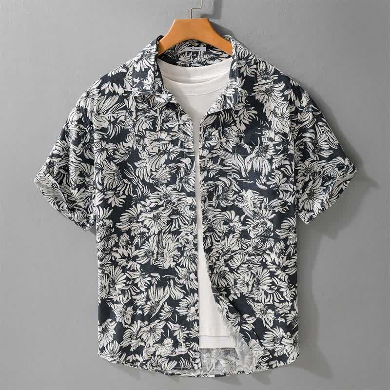 Buddha Stones Casual zomerse Overhemden met Korte mouw, zonnebloemprint en opgestikte zak. - Staalblauw - US/UK/AU44, EU54 (3XL) - image 0