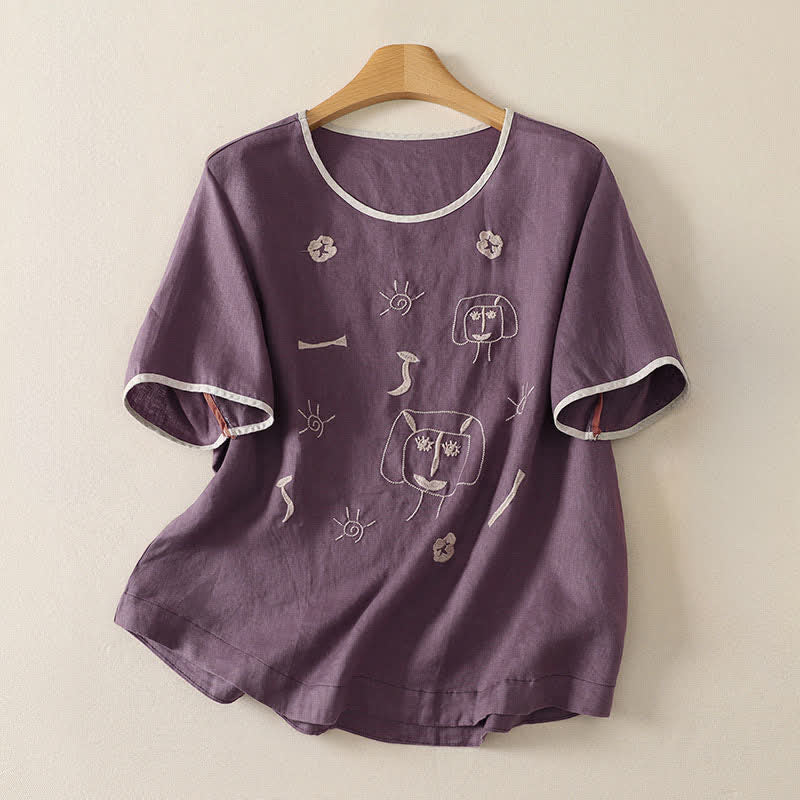 Buddha Stones Zomerse casual vintage abstracte zonnebloemen karakterborduurwerk dames T-shirts met Korte mouw - Paars - US8-10, UK/AU12-14, EU40-42 (2XL) - image 0