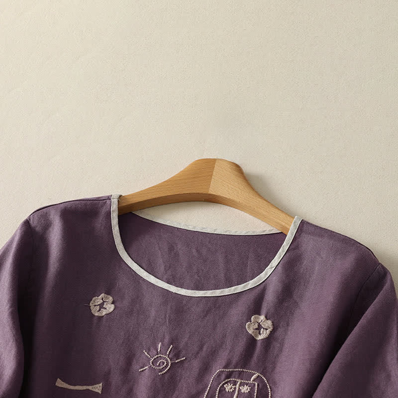 Buddha Stones Zomerse casual vintage abstracte zonnebloemen karakterborduurwerk dames T-shirts met Korte mouw - image 1
