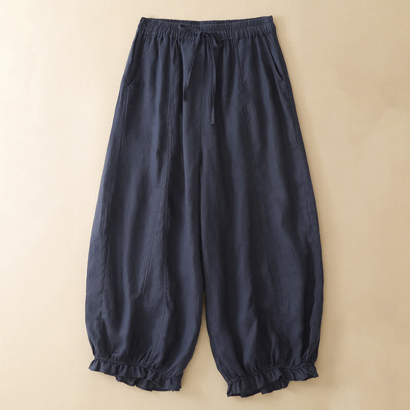 Buddha Stones Zomerse casual broek met trekkoord, effen kleur, ruches aan de zoom , Cropped model, harembroek voor dames met zakken - Marine - US8-10, UK/AU12-14, EU40-42 (2XL) - image 0