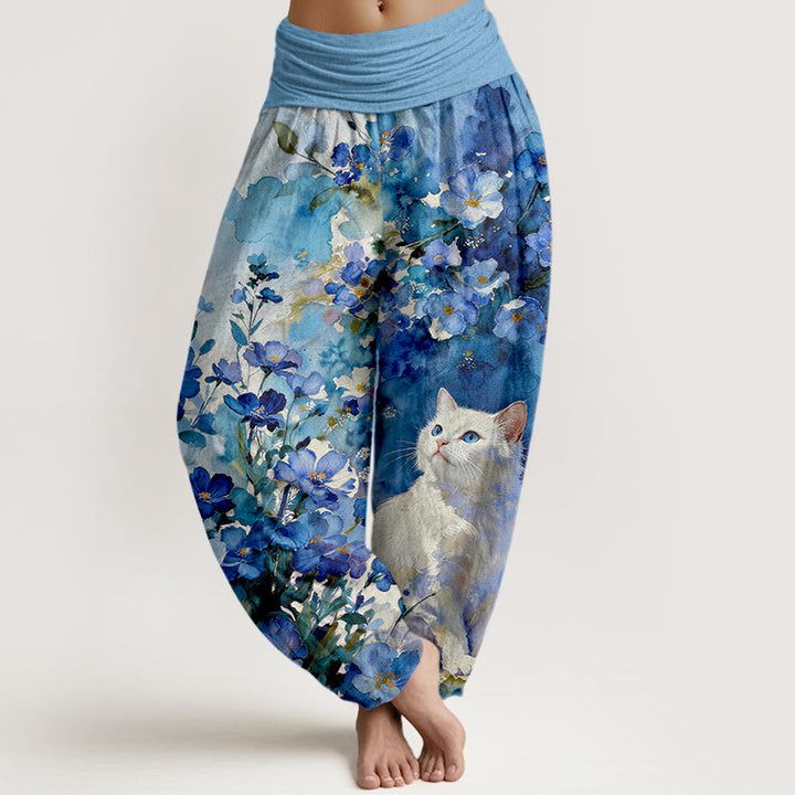 Buddha Stones Harembroek voor dames van 100% Cotton met bloemen- en kattenprint in wit en elastische Taille . - Licht Hemelsblauw - US16, UK/AU20, EU48 (3XL) - image 0