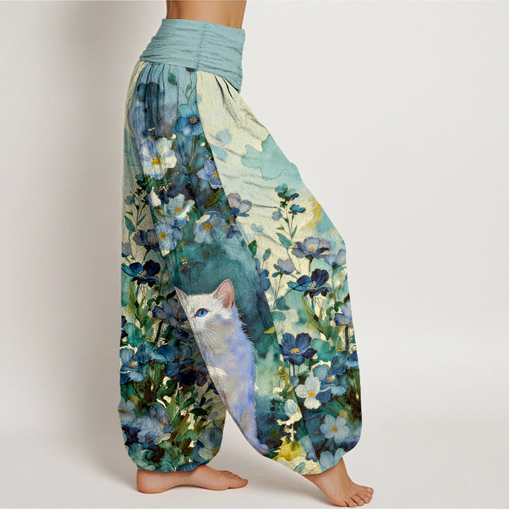 Buddha Stones Harembroek voor dames van 100% Cotton met bloemen- en kattenprint in wit en elastische Taille . - image 7