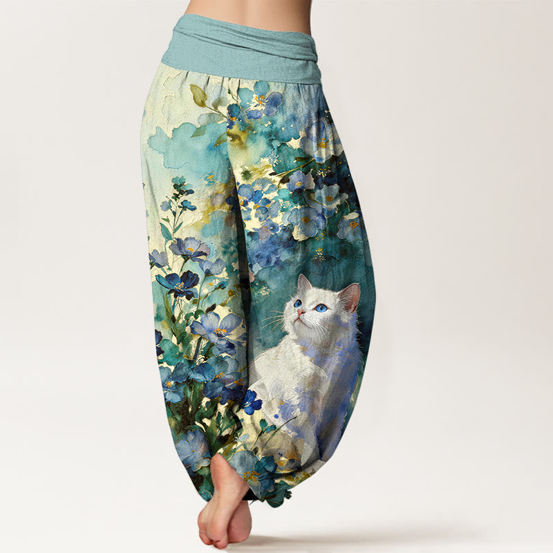 Buddha Stones Harembroek voor dames van 100% Cotton met bloemen- en kattenprint in wit en elastische Taille . - image 6