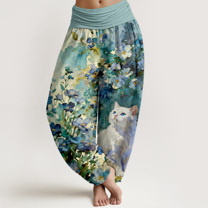 Buddha Stones Harembroek voor dames van 100% Cotton met bloemen- en kattenprint in wit en elastische Taille . - Teal - US16, UK/AU20, EU48 (3XL) - image 5