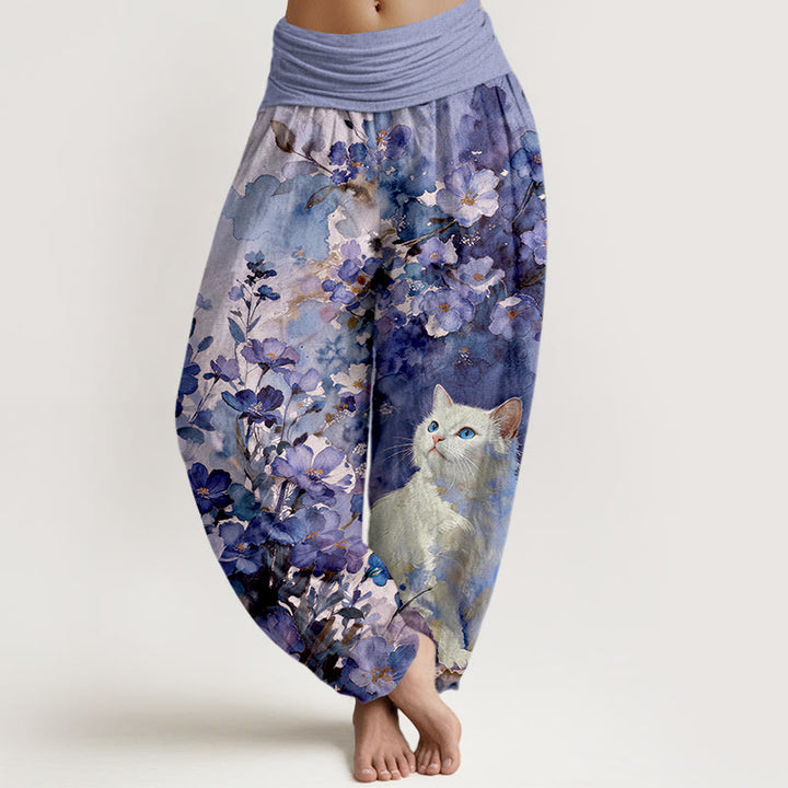 Buddha Stones Harembroek voor dames van 100% Cotton met bloemen- en kattenprint in wit en elastische Taille . - Middelpaars - US16, UK/AU20, EU48 (3XL) - image 8