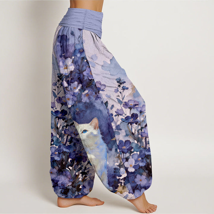 Buddha Stones Harembroek voor dames van 100% Cotton met bloemen- en kattenprint in wit en elastische Taille . - image 10