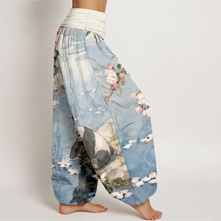 Buddha Stones Harembroek voor dames met elastische Taille en kersenbloesem- en pandaprint van 100% Cotton - image 2