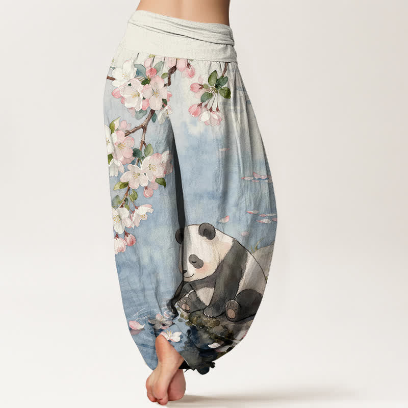 Buddha Stones Harembroek voor dames met elastische Taille en kersenbloesem- en pandaprint van 100% Cotton - image 1