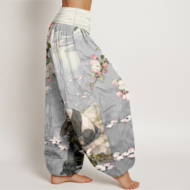 Buddha Stones Harembroek voor dames met elastische Taille en kersenbloesem- en pandaprint van 100% Cotton - image 7
