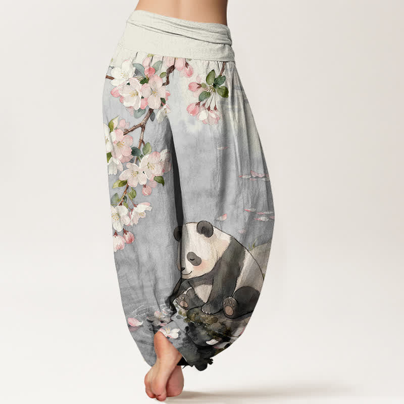 Buddha Stones Harembroek voor dames met elastische Taille en kersenbloesem- en pandaprint van 100% Cotton - image 6