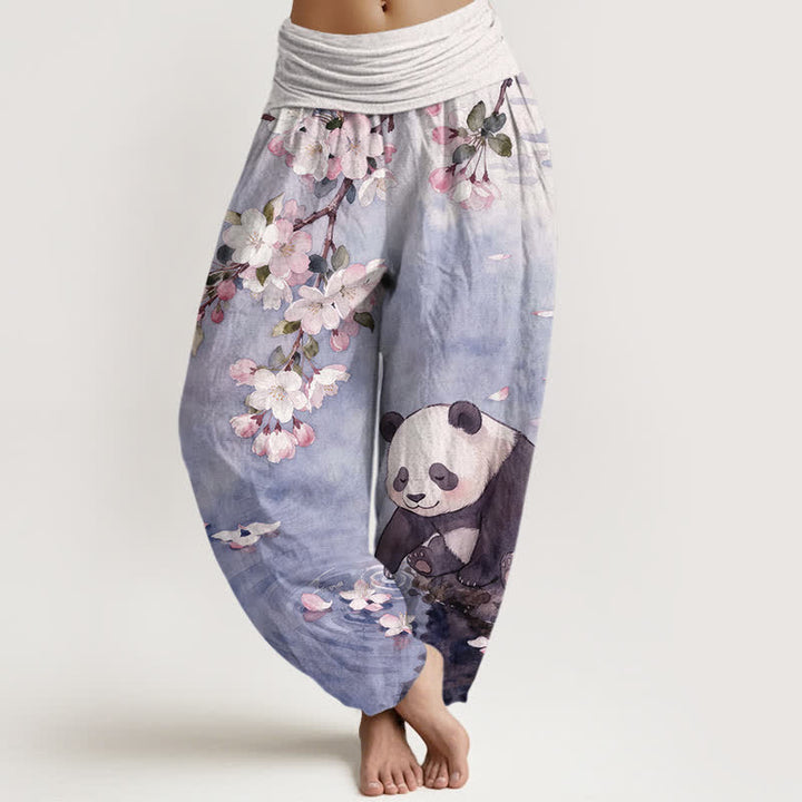 Buddha Stones Harembroek voor dames met elastische Taille en kersenbloesem- en pandaprint van 100% Cotton - Middelblauw - US16, UK/AU20, EU48 (3XL) - image 8