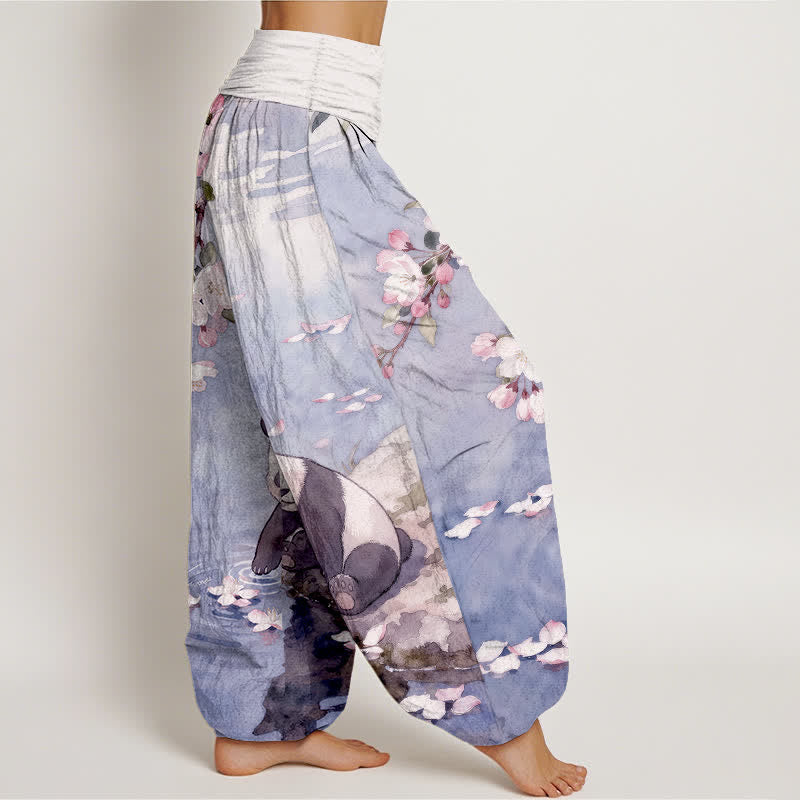 Buddha Stones Harembroek voor dames met elastische Taille en kersenbloesem- en pandaprint van 100% Cotton - image 10