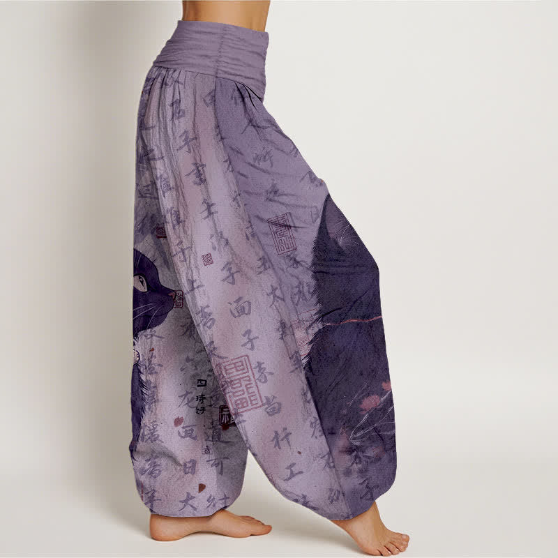 Buddha Stones Harembroek voor dames met elastische Taille , 100% Cotton met een zwart katten- en kalligrafiepatroon. - image 7