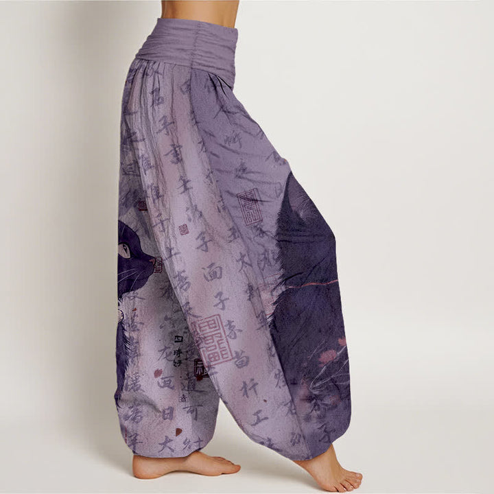 Buddha Stones Harembroek voor dames met elastische Taille , 100% Cotton met een zwart katten- en kalligrafiepatroon. - image 7