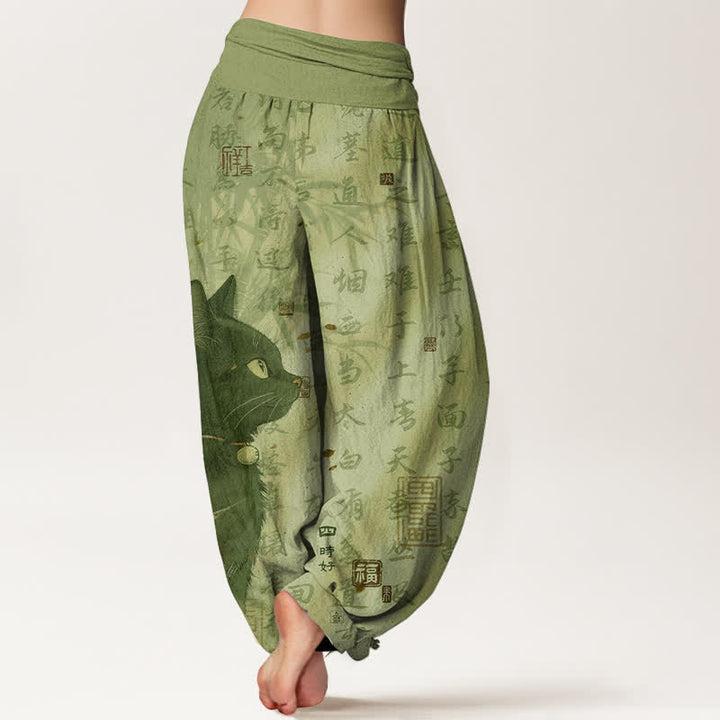 Buddha Stones Harembroek voor dames met elastische Taille , 100% Cotton met een zwart katten- en kalligrafiepatroon. - image 9