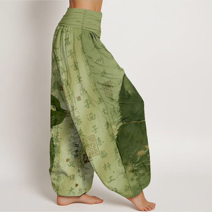Buddha Stones Harembroek voor dames met elastische Taille , 100% Cotton met een zwart katten- en kalligrafiepatroon. - image 10