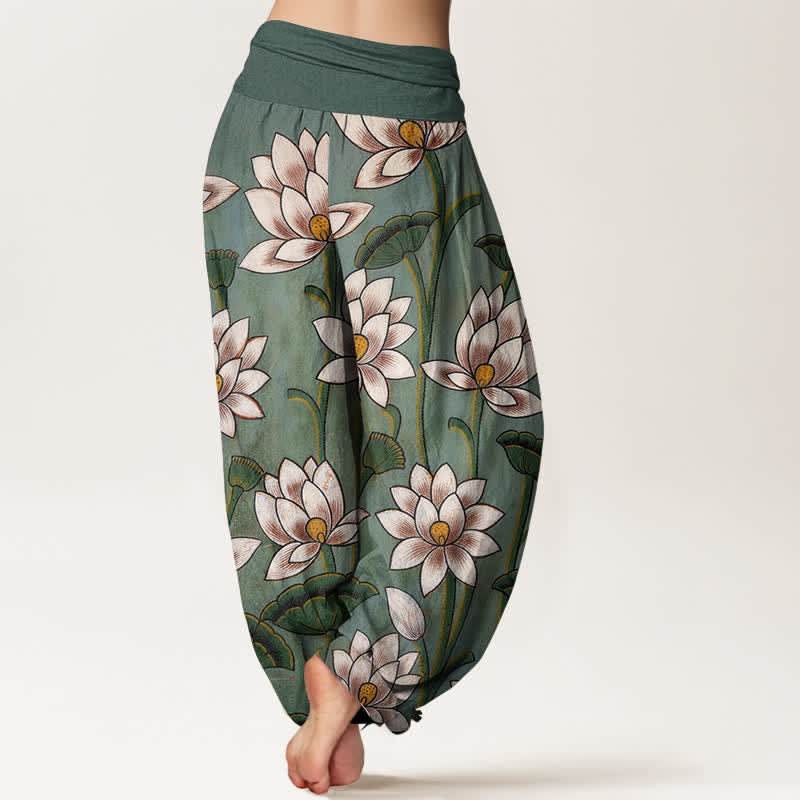 Buddha Stones Harembroek voor dames met elastische Taille en lotusbloemmotief , 100% Cotton. - image 2