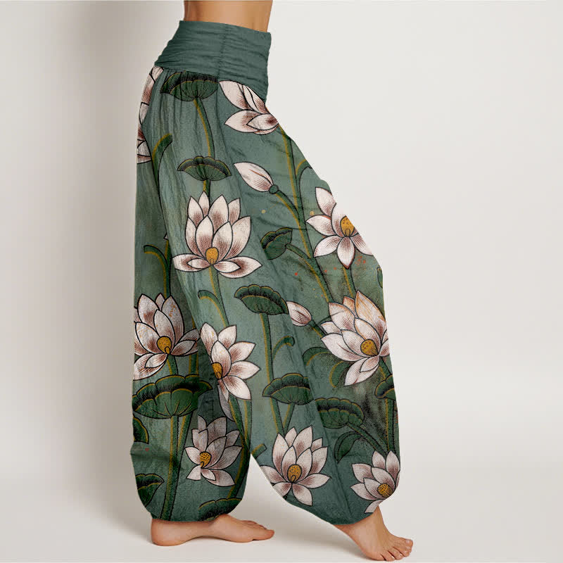Buddha Stones Harembroek voor dames met elastische Taille en lotusbloemmotief , 100% Cotton. - image 1