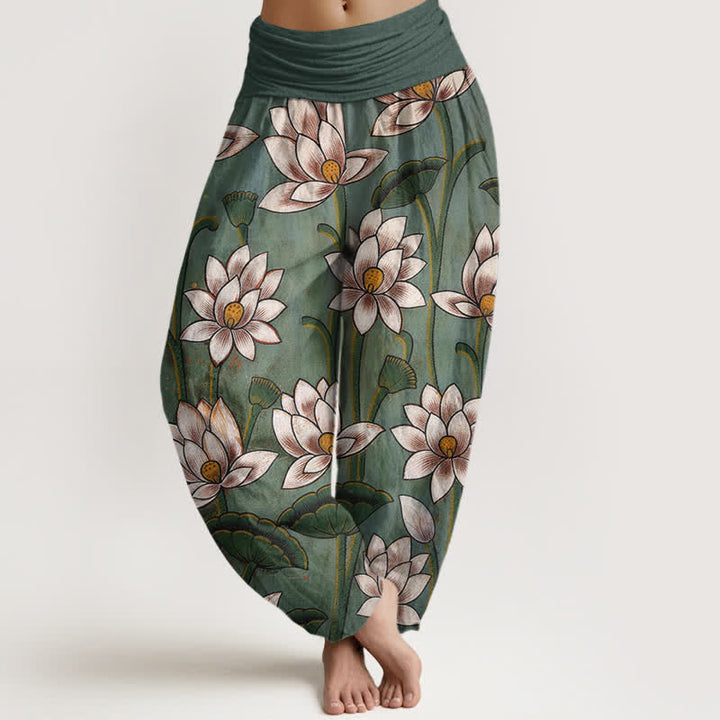 Buddha Stones Harembroek voor dames met elastische Taille en lotusbloemmotief , 100% Cotton. - Lichtzeegroen - US16, UK/AU20, EU48 (3XL) - image 0