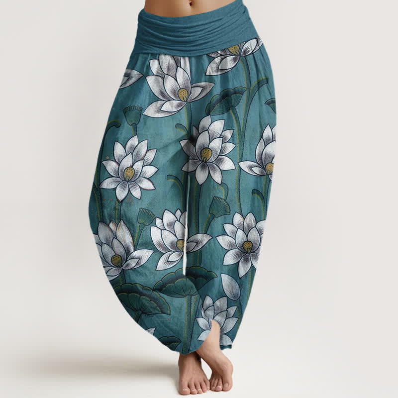 Buddha Stones Harembroek voor dames met elastische Taille en lotusbloemmotief , 100% Cotton. - Staalblauw - US16, UK/AU20, EU48 (3XL) - image 5
