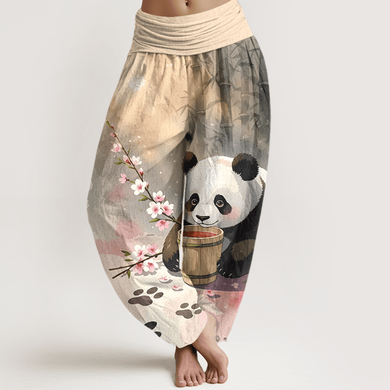 Buddha Stones Harembroek voor dames met elastische Taille en panda- en bamboebloesempatroon van 100% Cotton - Tarwe - US16, UK/AU20, EU48 (3XL) - image 0
