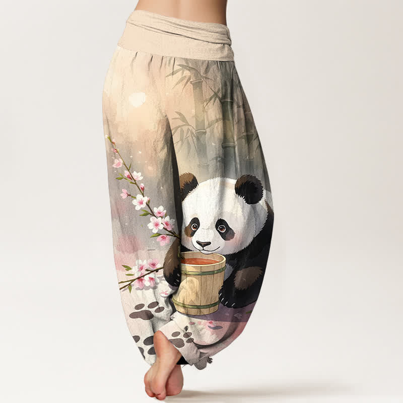 Buddha Stones Harembroek voor dames met elastische Taille en panda- en bamboebloesempatroon van 100% Cotton - image 1