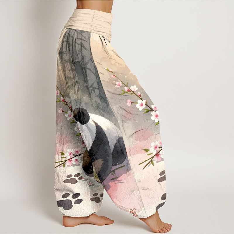 Buddha Stones Harembroek voor dames met elastische Taille en panda- en bamboebloesempatroon van 100% Cotton - image 2