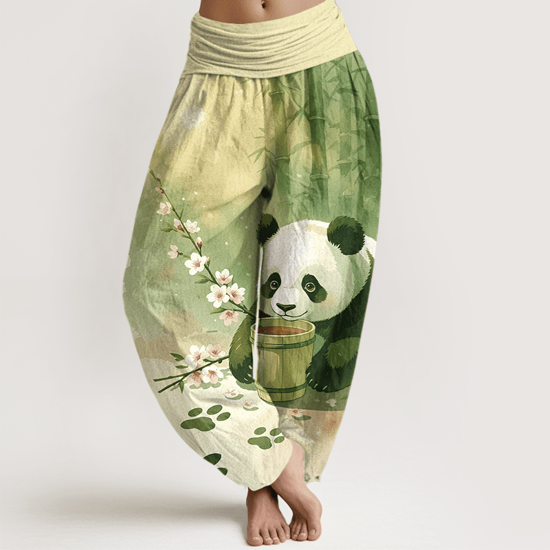 Buddha Stones Harembroek voor dames met elastische Taille en panda- en bamboebloesempatroon van 100% Cotton - Geelgroen - US16, UK/AU20, EU48 (3XL) - image 5