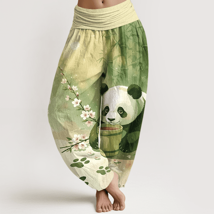 Buddha Stones Harembroek voor dames met elastische Taille en panda- en bamboebloesempatroon van 100% Cotton - Geelgroen - US16, UK/AU20, EU48 (3XL) - image 5