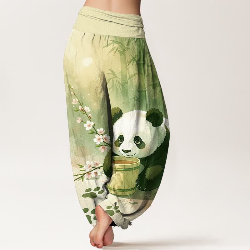 Buddha Stones Harembroek voor dames met elastische Taille en panda- en bamboebloesempatroon van 100% Cotton - image 6