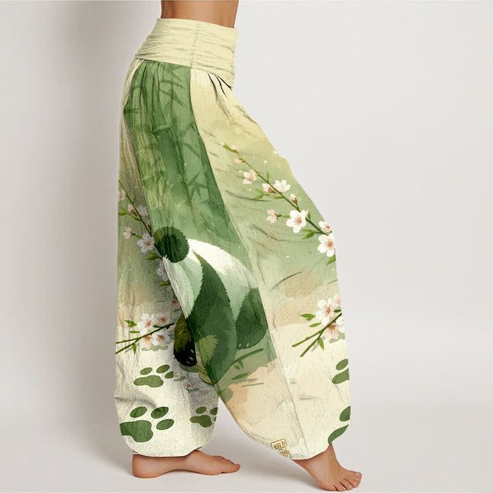 Buddha Stones Harembroek voor dames met elastische Taille en panda- en bamboebloesempatroon van 100% Cotton - image 7