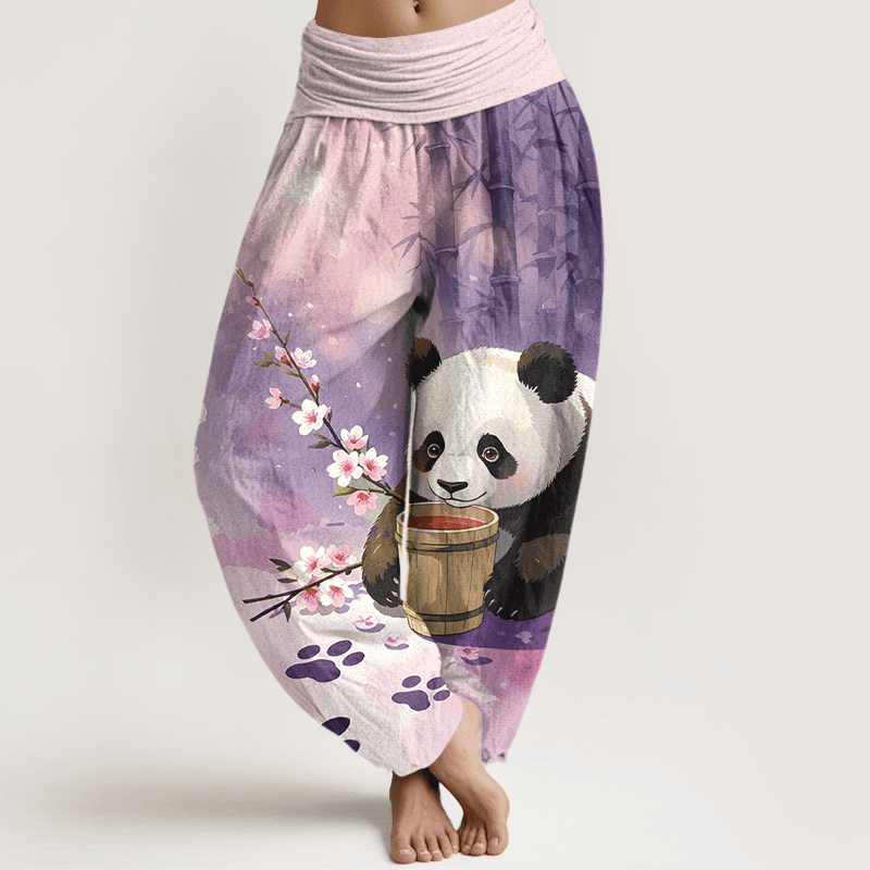 Buddha Stones Harembroek voor dames met elastische Taille en panda- en bamboebloesempatroon van 100% Cotton - Pruim - US16, UK/AU20, EU48 (3XL) - image 8