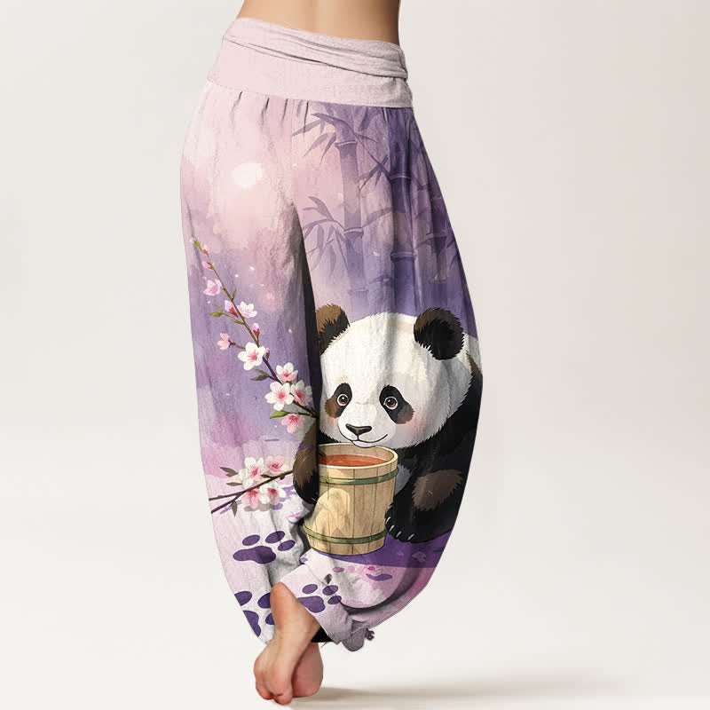 Buddha Stones Harembroek voor dames met elastische Taille en panda- en bamboebloesempatroon van 100% Cotton - image 9