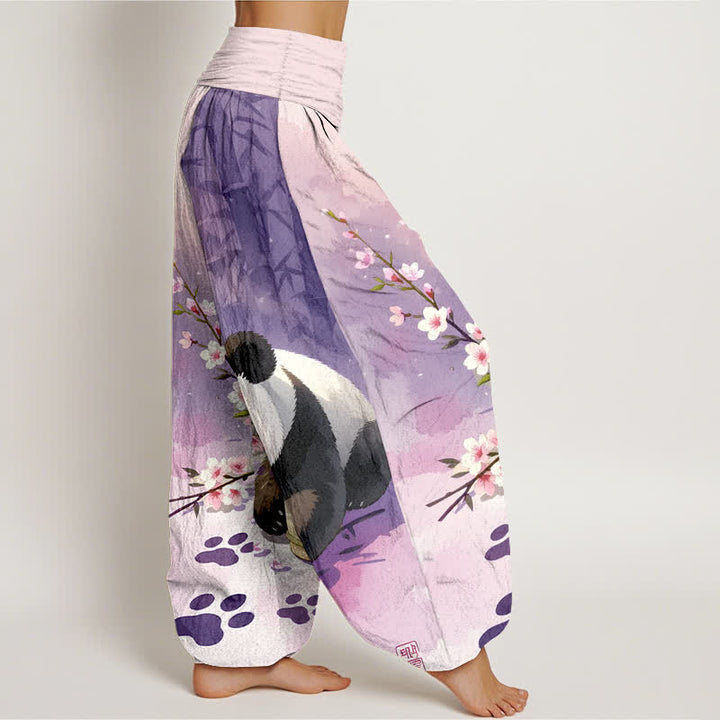 Buddha Stones Harembroek voor dames met elastische Taille en panda- en bamboebloesempatroon van 100% Cotton - image 10
