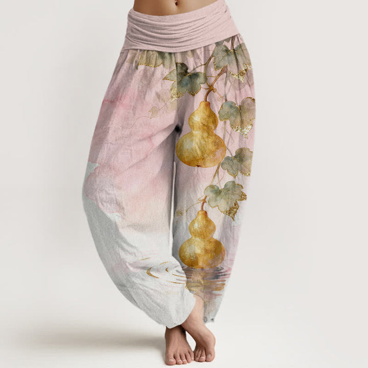 Buddha Stones Dames harembroek met elastische Taille en gouden pompoenbladpatroon - Roze - US16, UK/AU20, EU48 (3XL) - image 0