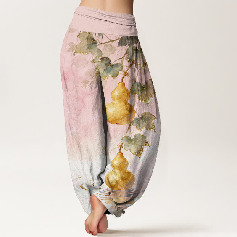Buddha Stones Dames harembroek met elastische Taille en gouden pompoenbladpatroon - image 1