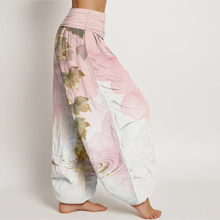 Buddha Stones Dames harembroek met elastische Taille en gouden pompoenbladpatroon - image 2