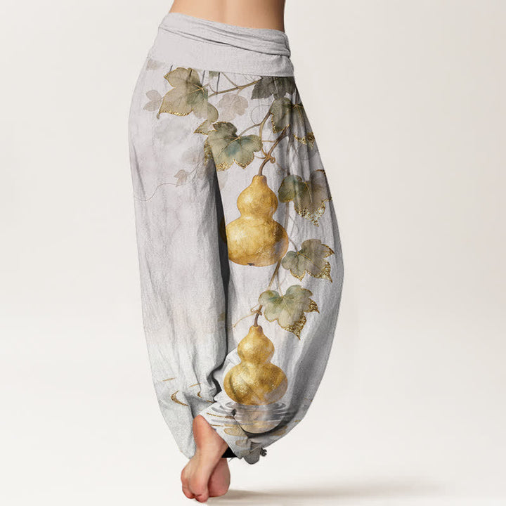 Buddha Stones Dames harembroek met elastische Taille en gouden pompoenbladpatroon - image 6